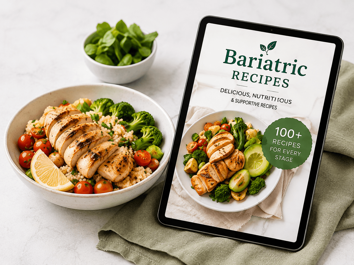 A chicken, quinoa and broccoli bowl beside a tablet showing the Bariatric Recipes e-book cover