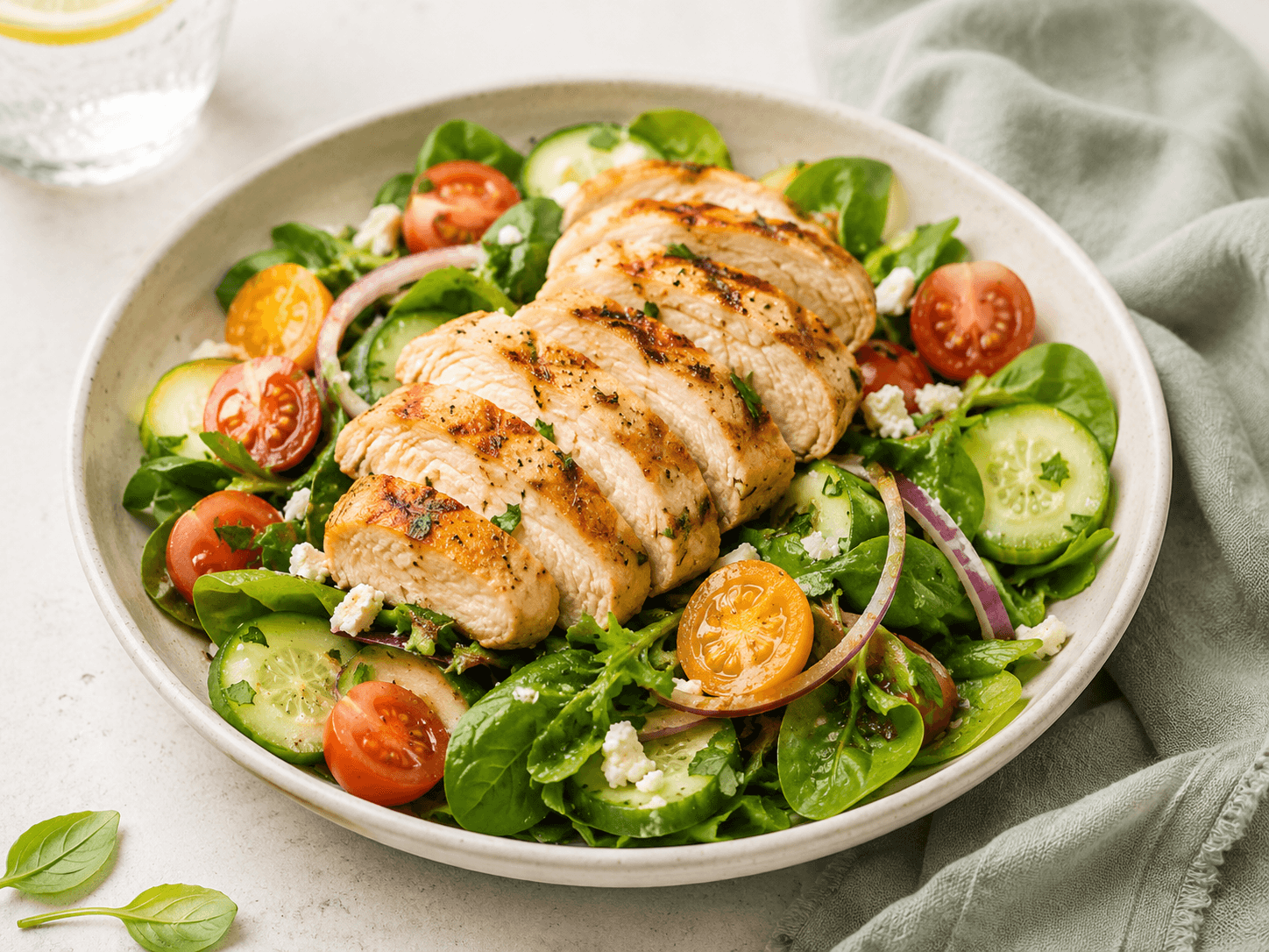 Sliced grilled chicken over a fresh garden salad