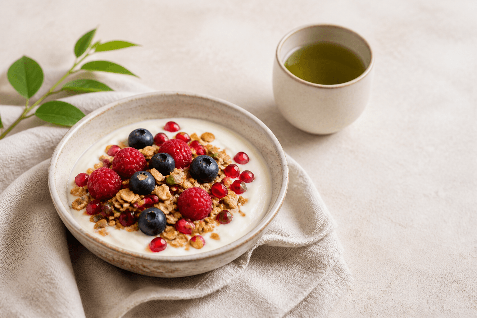 Yogurt topped with granola and berries beside green tea