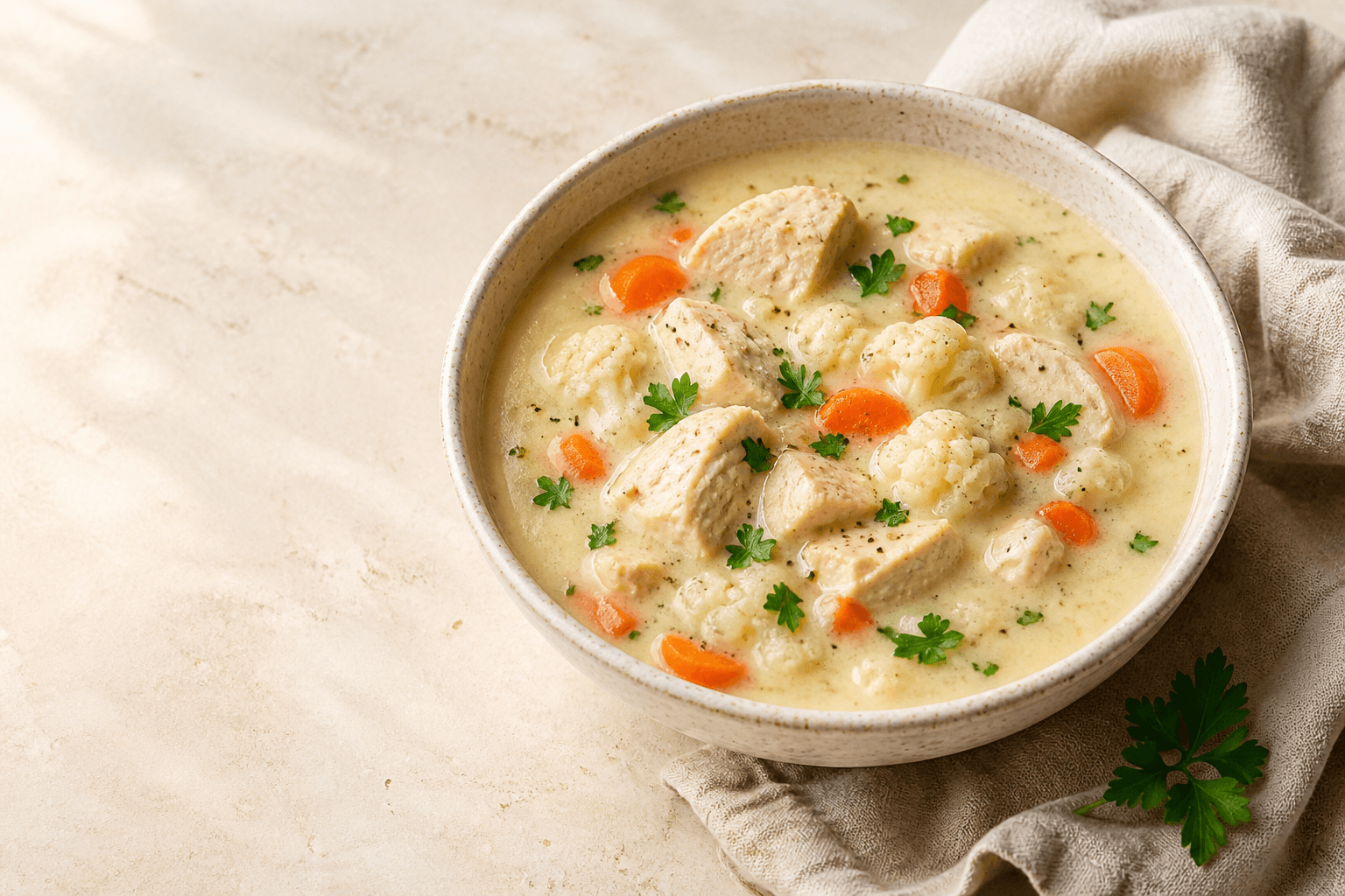 Creamy cauliflower chicken soup with carrots and parsley