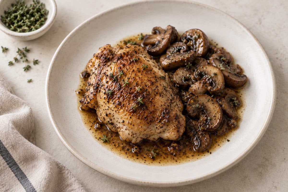 Balsamic Chicken & Mushrooms, served as one portion on a white plate