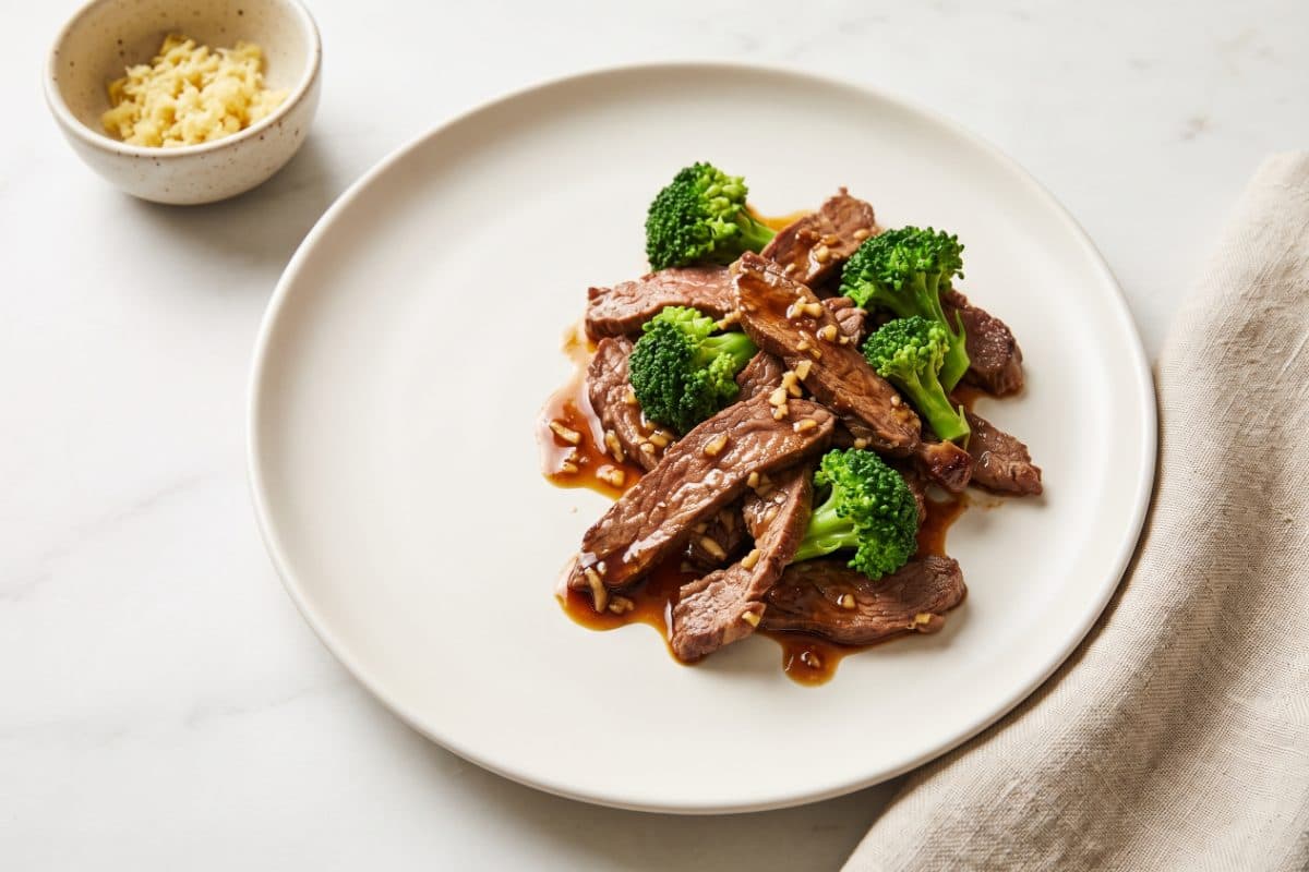 Beef & Broccoli Skillet, served as one portion on a white plate