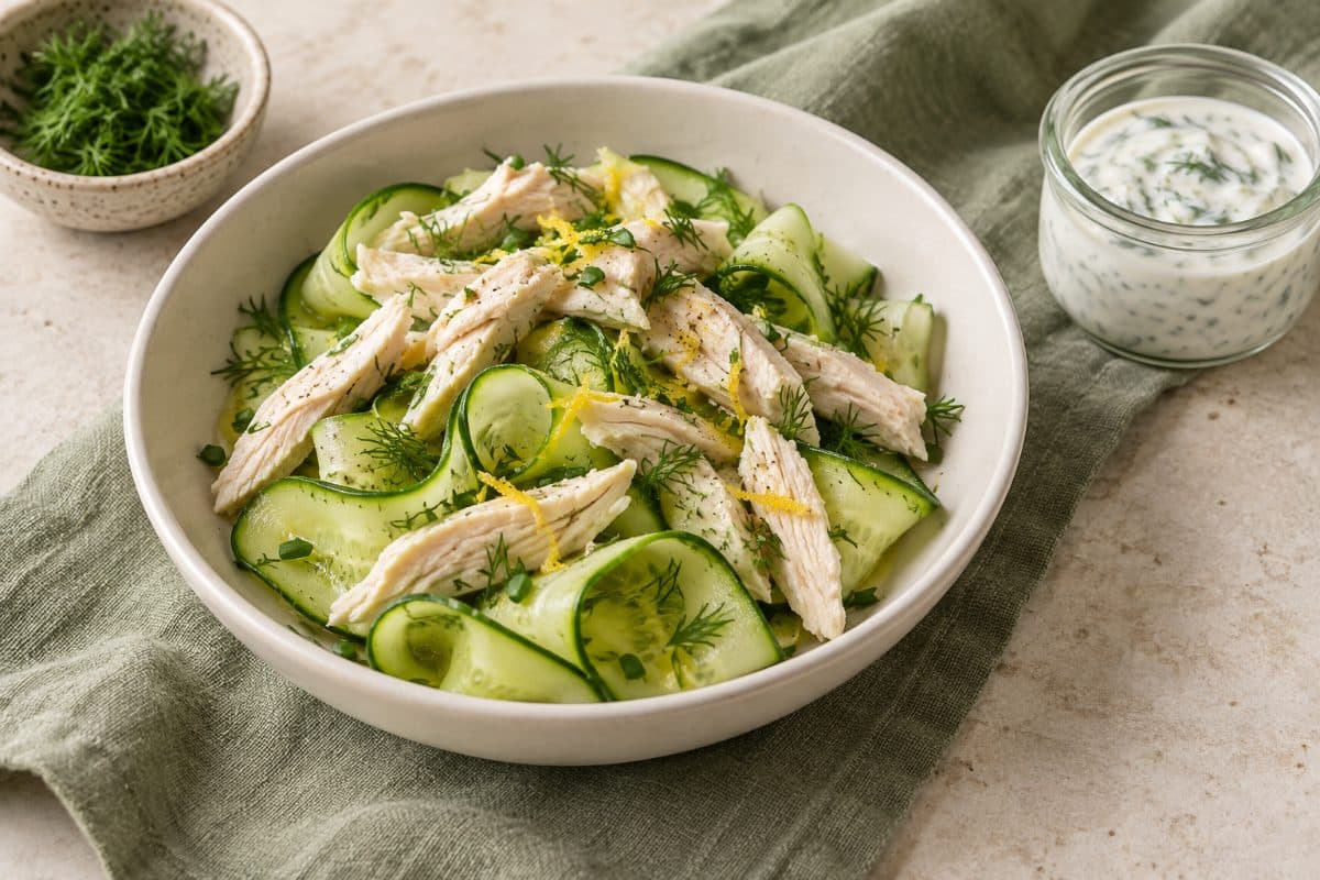 Chicken & Cucumber Ribbon Bowls, finished with dill and chives, served as one portion in a white bowl