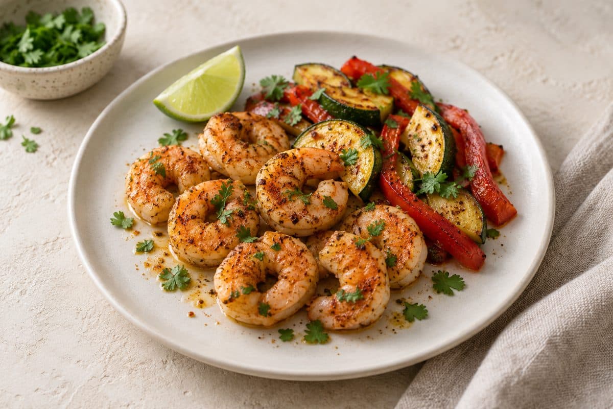 Chili-Lime Shrimp Bake, finished with lime and cilantro, served as one portion on a white plate