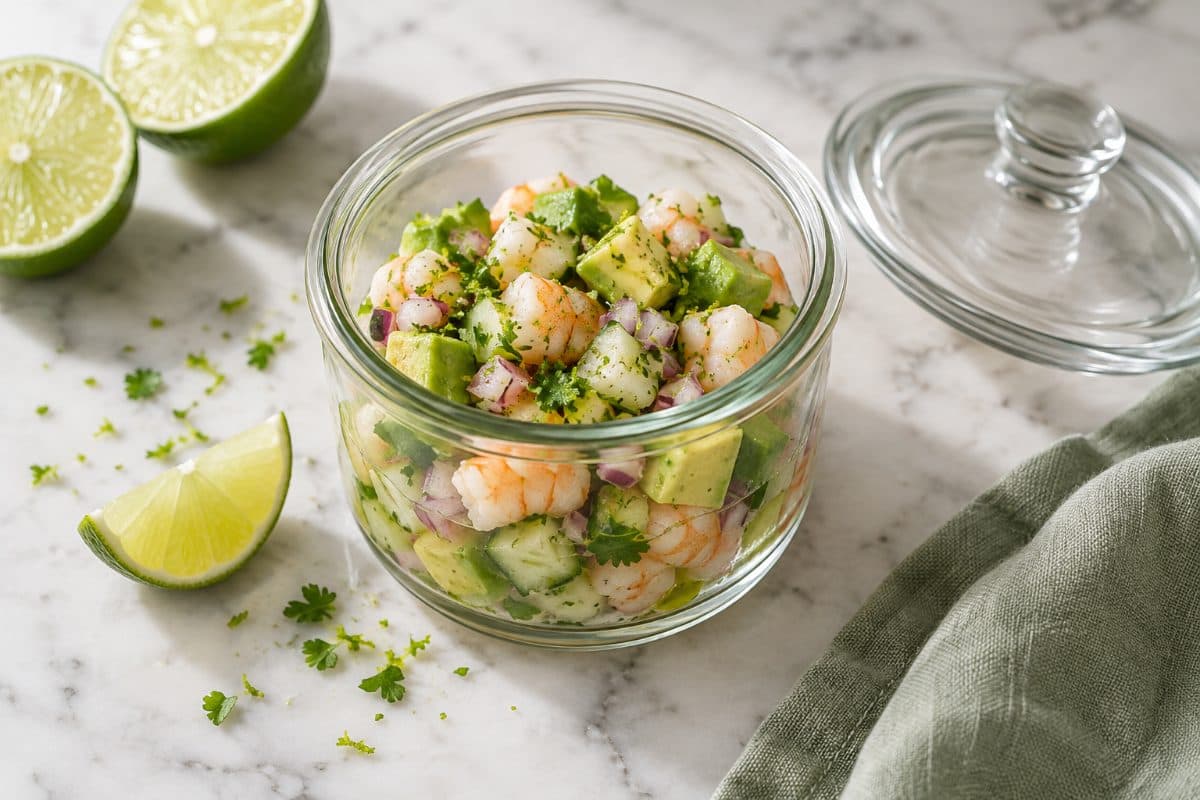 Chilled Shrimp & Avocado Cups, finished with lime and cilantro, served as one portion in a glass pot