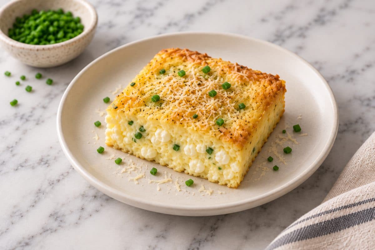 Cottage Cheese Baked Eggs, finished with chives and grated Parmesan, served as one portion on a white plate