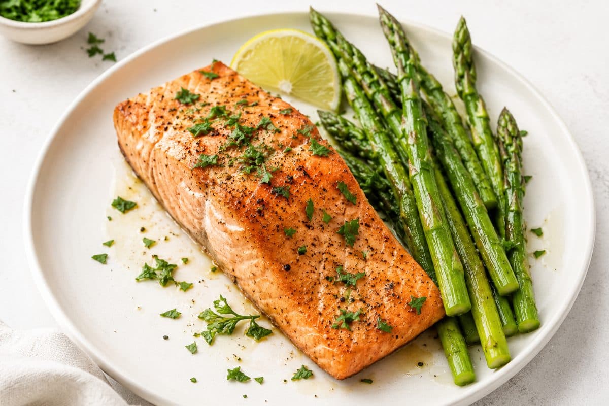 A seared salmon fillet flecked with chopped parsley and cracked black pepper, a lemon slice and asparagus spears beside it on a white plate, with a small bowl of chopped parsley at the edge