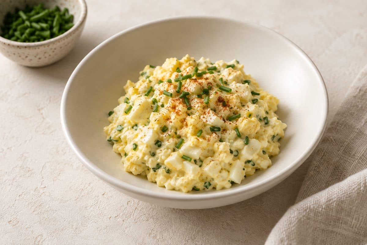 Greek Yogurt Egg Salad, finished with chives and lemon juice, served as one portion in a shallow white bowl