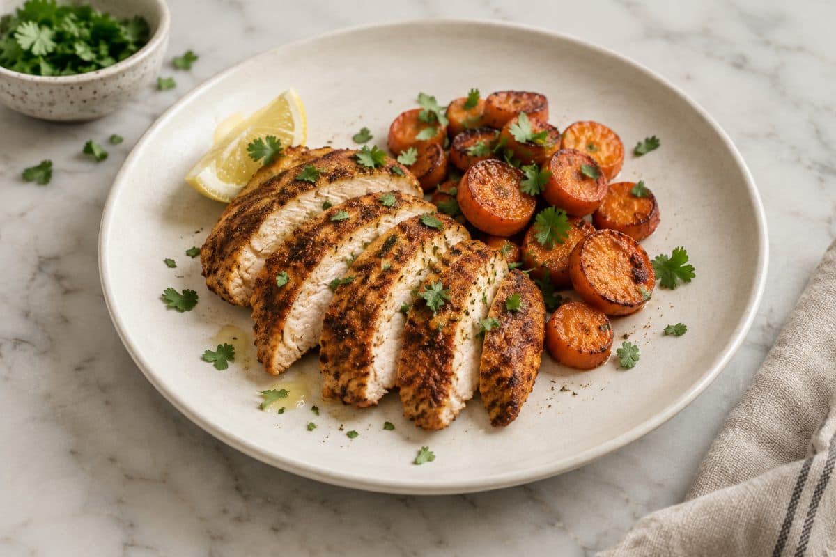 Harissa Turkey & Carrots, finished with lemon and cilantro, served as one portion on a white plate