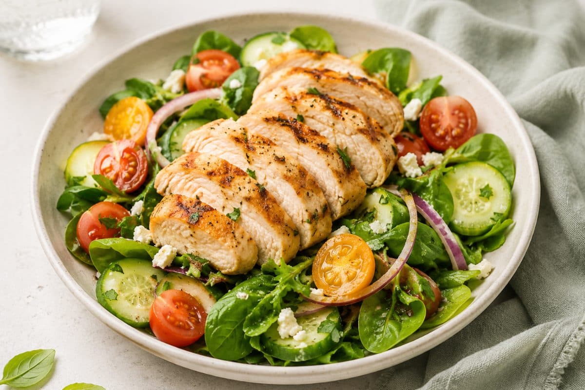 Sliced grilled chicken breast with grill marks and herb flecks over baby spinach and mixed greens, with cucumber rounds, red and yellow cherry tomato halves, red onion rings and crumbled feta