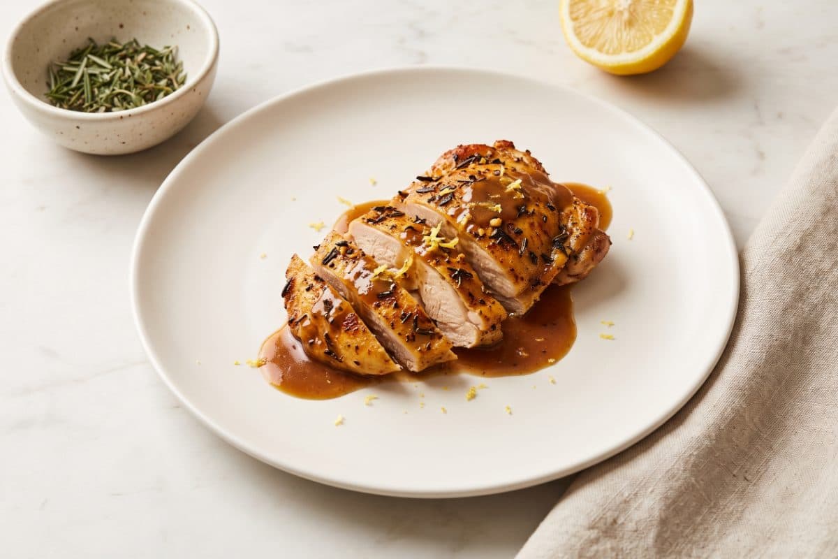 Herb-Roasted Chicken Thighs, finished with lemon zest, served as one portion on a white plate