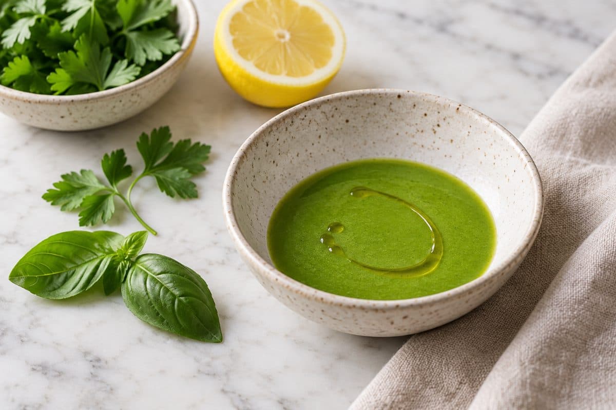 Herby Green Dressing, finished with flat-leaf parsley and basil, served as one portion in a speckled cream bowl