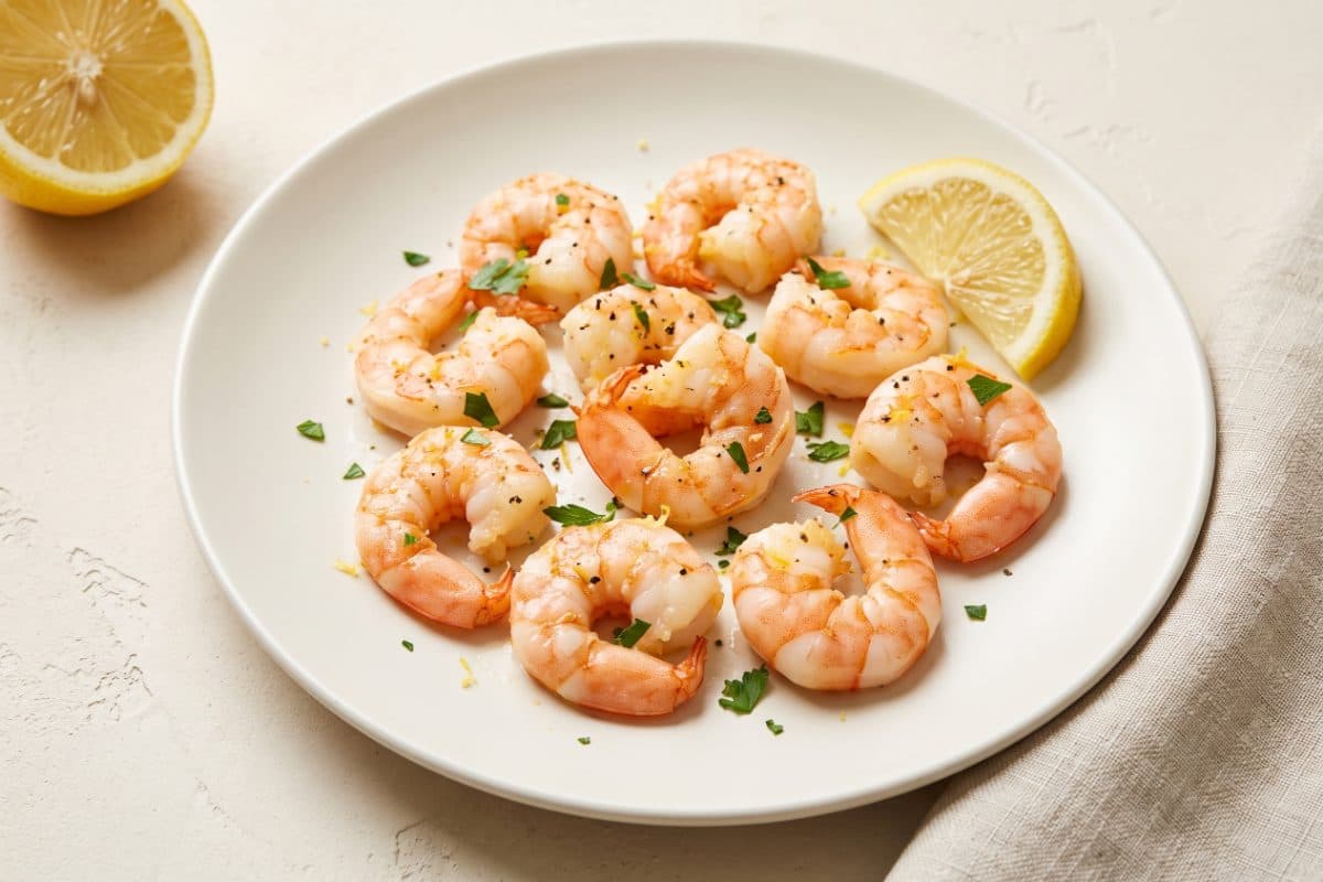 Lemon-Pepper Shrimp, finished with lemon zest and lemon juice, served as one portion on a white plate