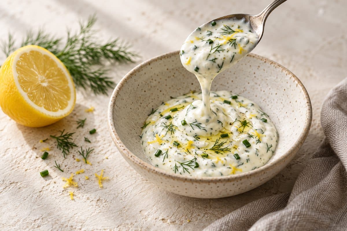 Lemon Yogurt Sauce, finished with lemon and dill, served as one portion in a speckled cream bowl