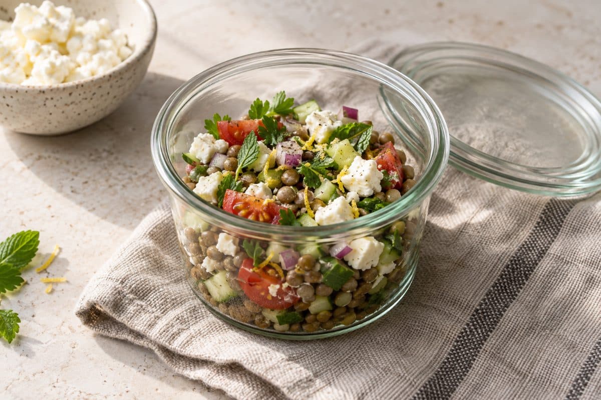 Lentil & Feta Pots, finished with crumbled feta and flat-leaf parsley, served as one portion in a glass pot
