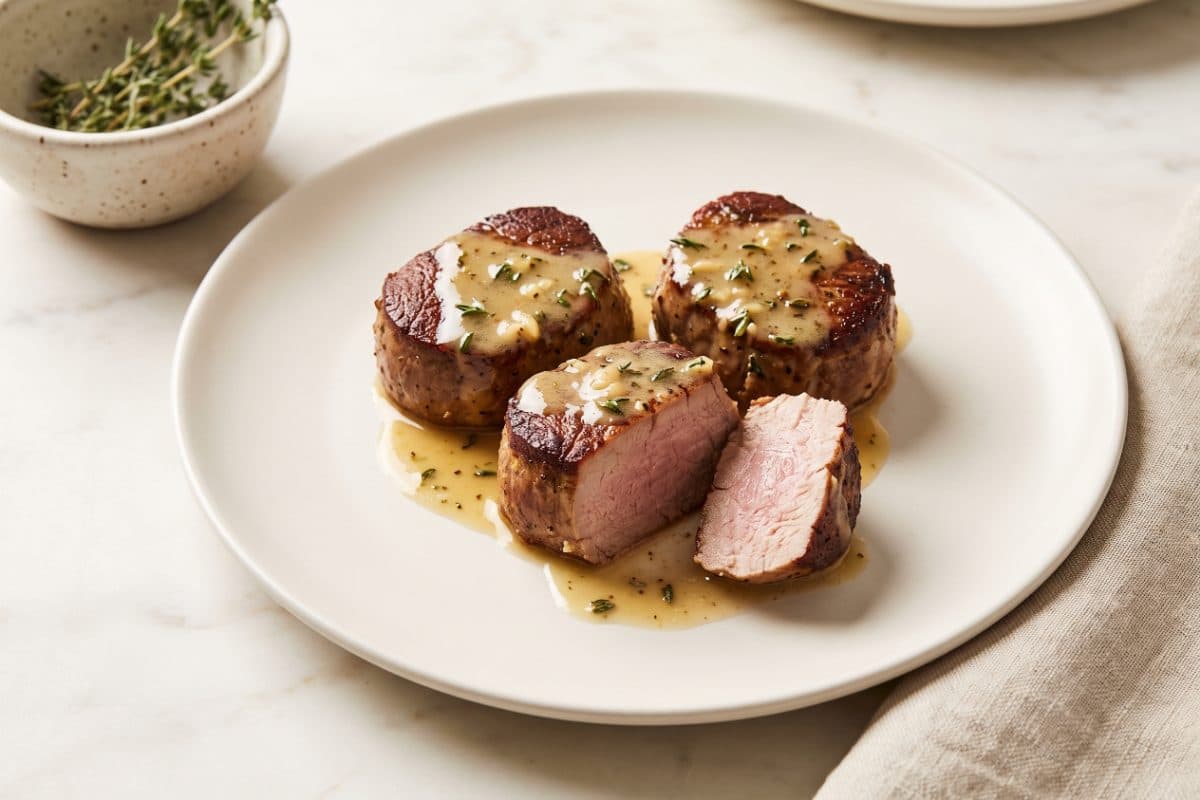 Mustard-Glazed Pork Medallions, served as one portion on a white plate