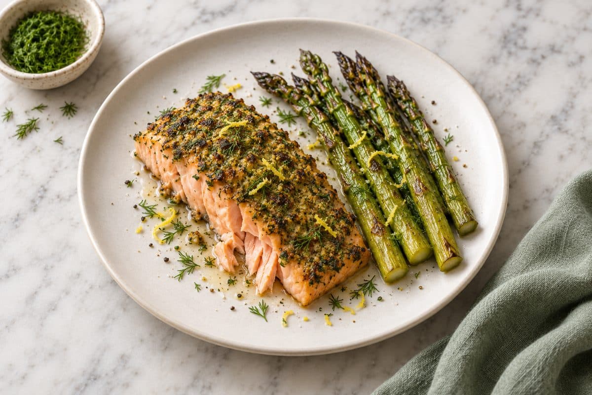 Salmon with Roasted Asparagus, finished with dill and lemon zest, served as one portion on a white plate