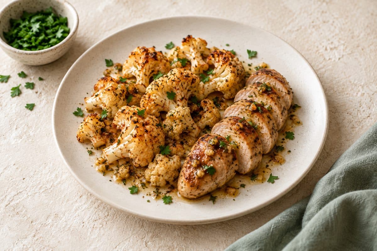 Sausage & Cauliflower Roast, finished with flat-leaf parsley, served as one portion on a white plate