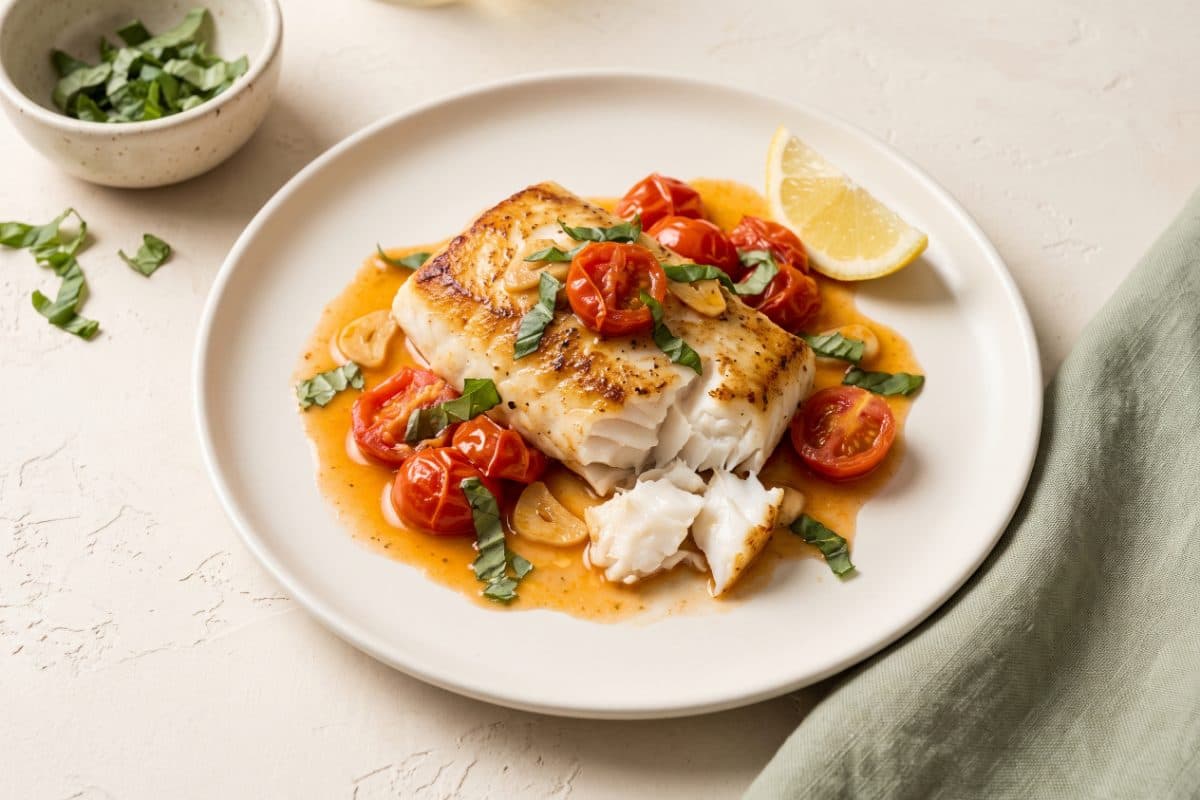 Seared Cod with Warm Tomatoes, finished with lemon and basil, served as one portion on a white plate