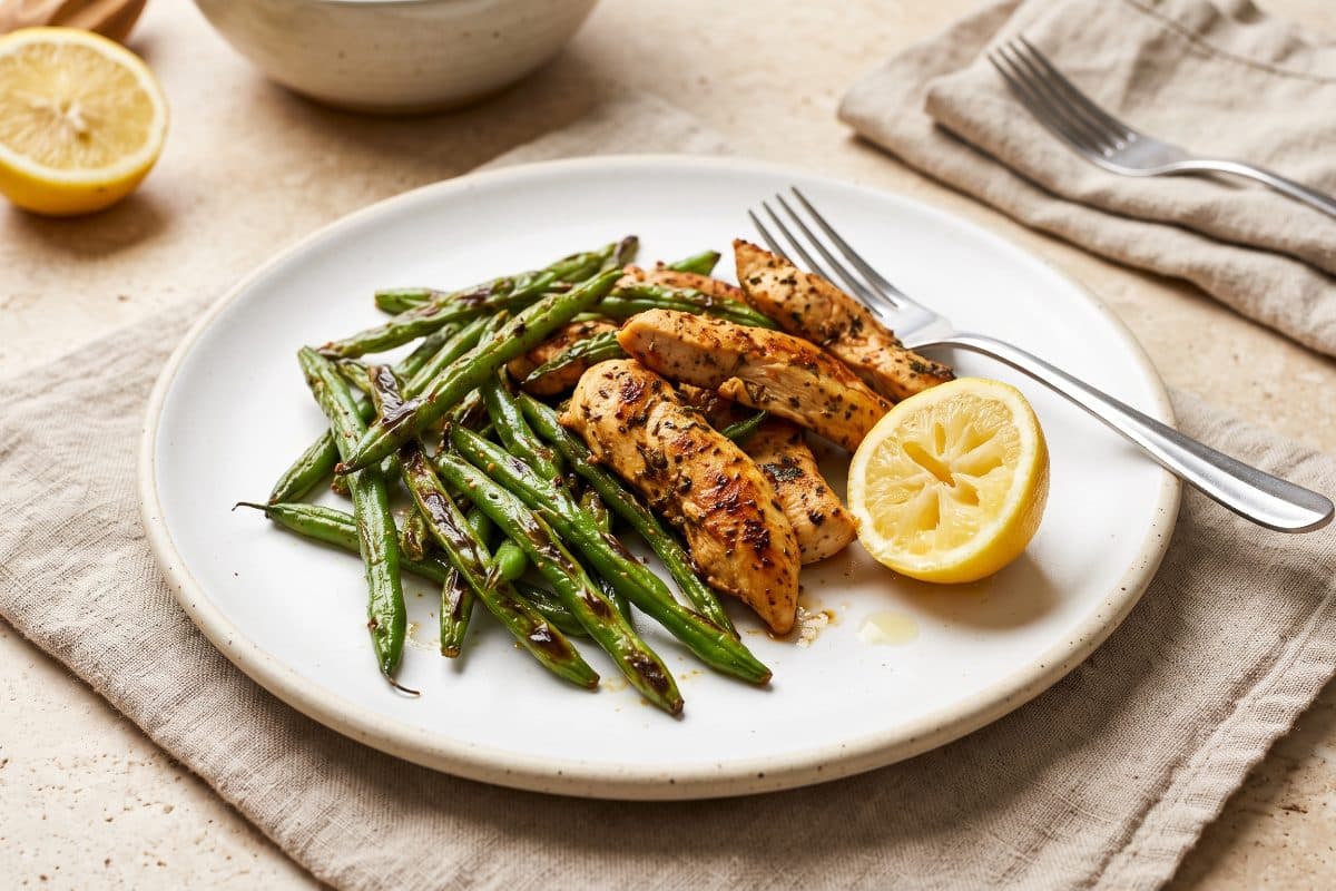 Sheet-Pan Chicken & Green Beans, finished with lemon, served as one portion on a white plate