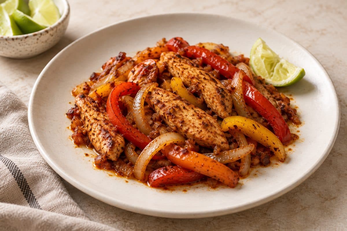 Skillet Chicken & Peppers, finished with lime, served as one portion on a white plate