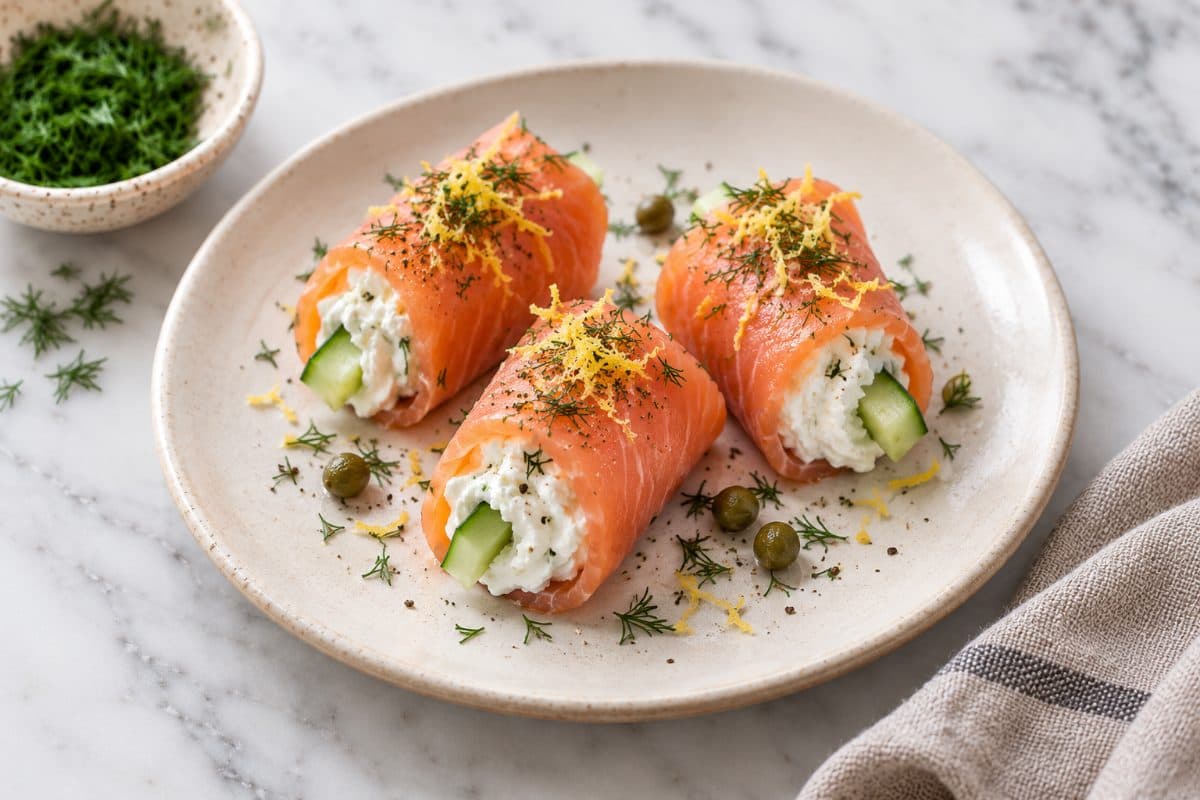 Smoked Salmon Roll-Ups, finished with dill and lemon zest, served as one portion on a cream plate