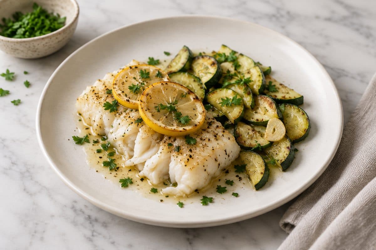 Tray-Baked Cod & Zucchini, finished with lemon and flat-leaf parsley, served as one portion on a white plate