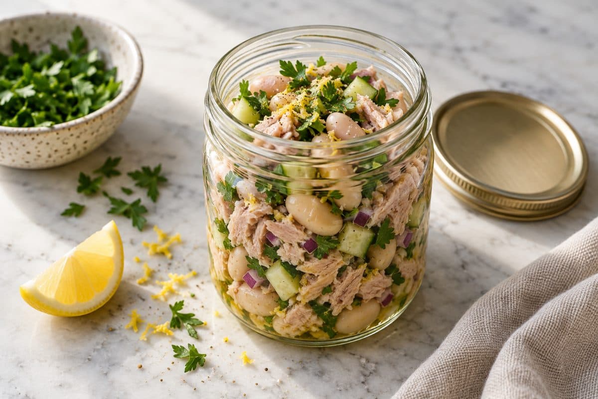 Tuna & White Bean Jars, finished with flat-leaf parsley and lemon, served as one portion in a glass jar