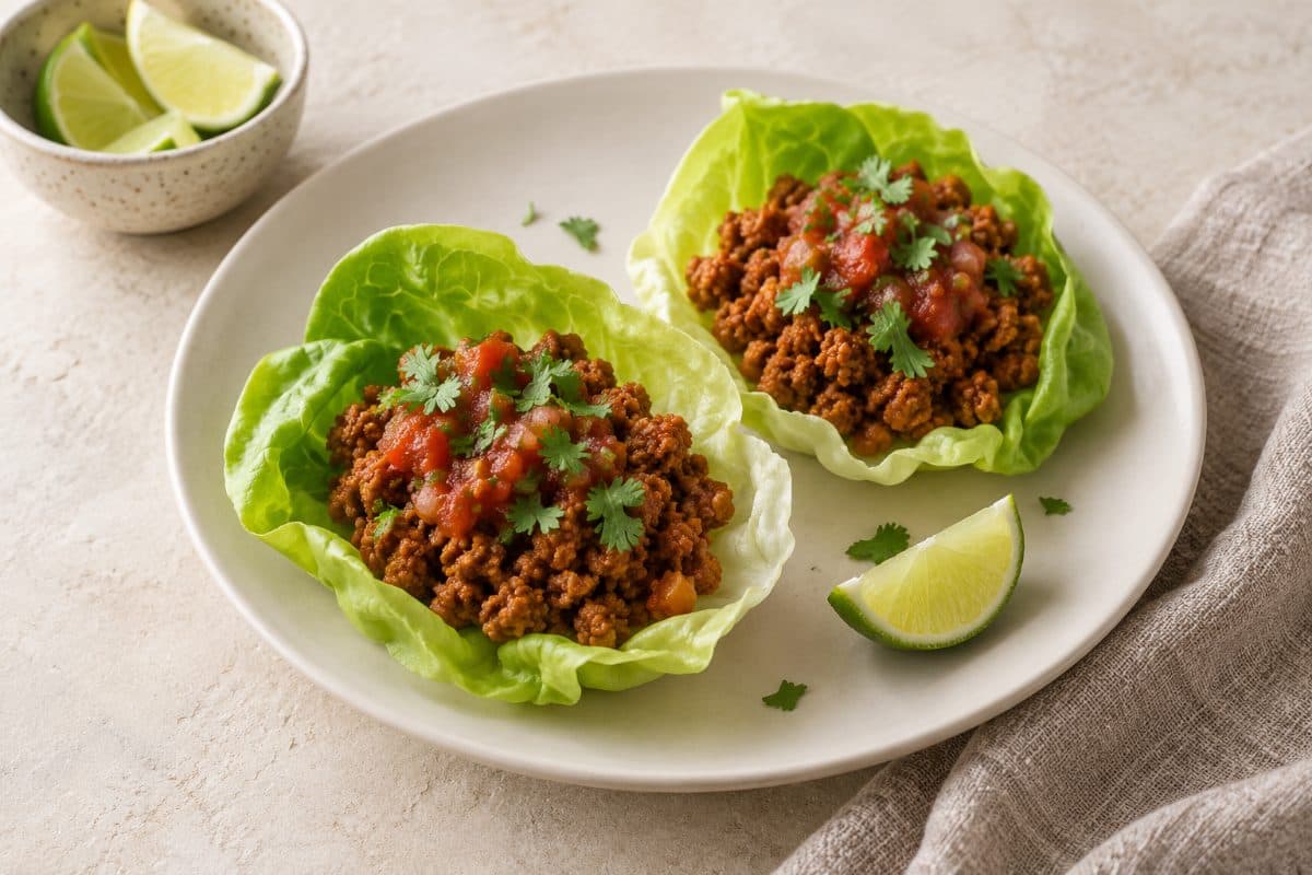 Turkey Taco Cups, finished with cilantro and lime, served as one portion on a white plate